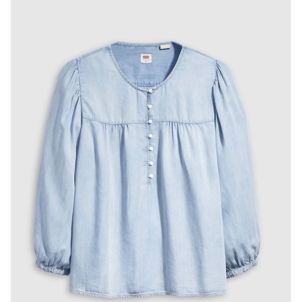 Levis Womens Light Wash Denim Peasant Blouse Blue Button Front Top 3X Plus Size